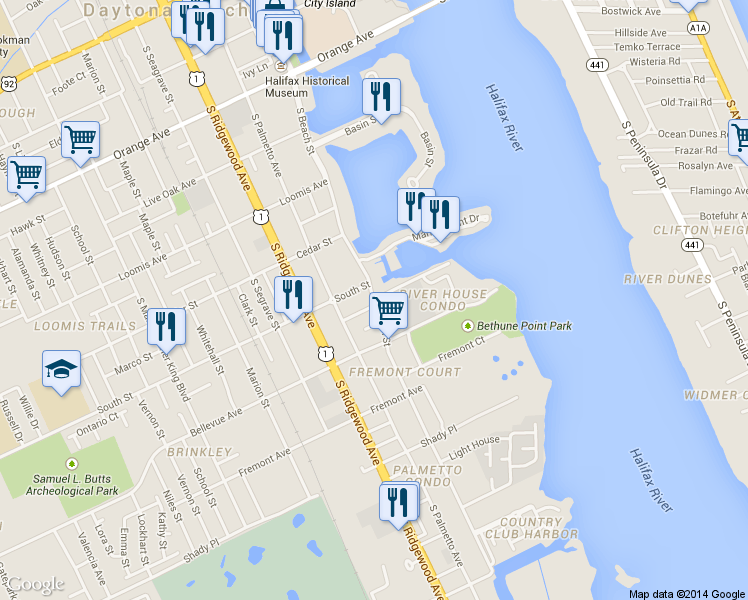 map of restaurants, bars, coffee shops, grocery stores, and more near 701 South Beach Street in Daytona Beach
