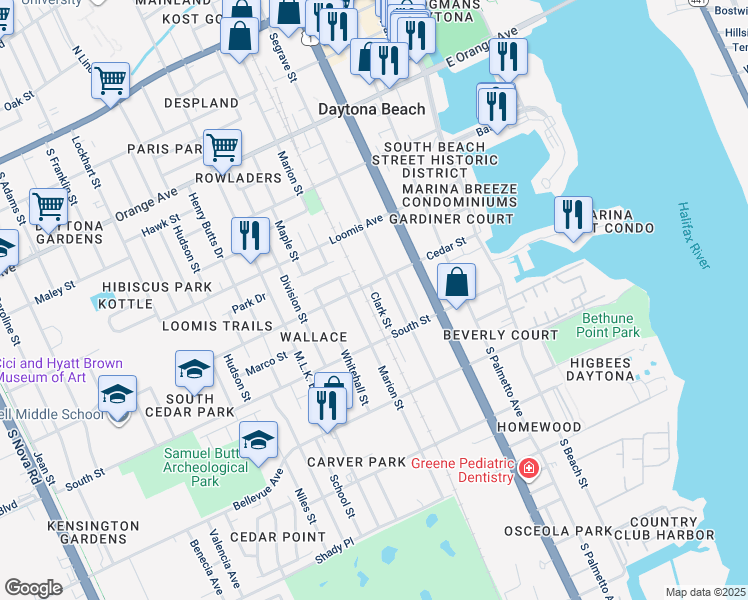 map of restaurants, bars, coffee shops, grocery stores, and more near 618 Clark Street in Daytona Beach