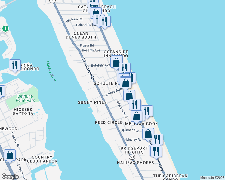 map of restaurants, bars, coffee shops, grocery stores, and more near 2038 Schulte Avenue in Daytona Beach