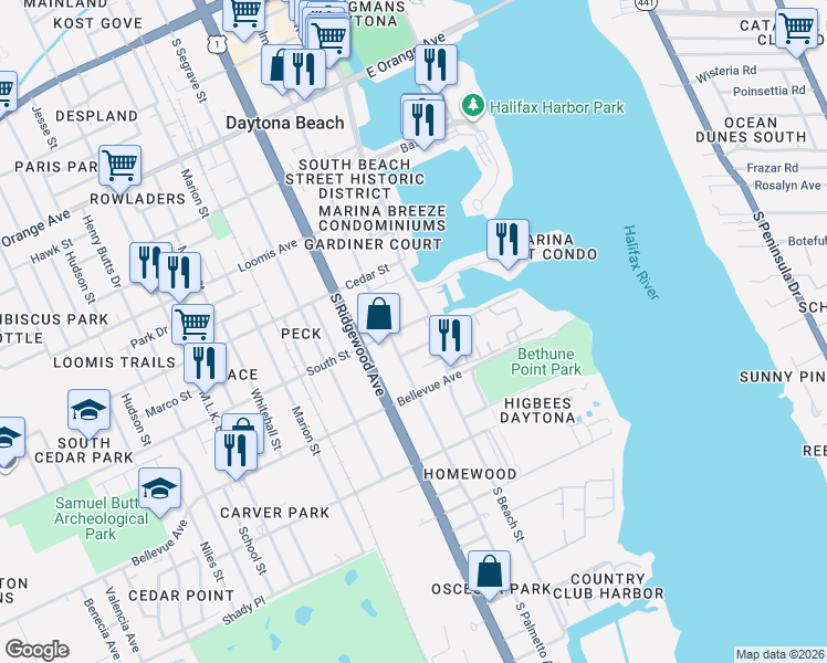 map of restaurants, bars, coffee shops, grocery stores, and more near 124 South Street in Daytona Beach