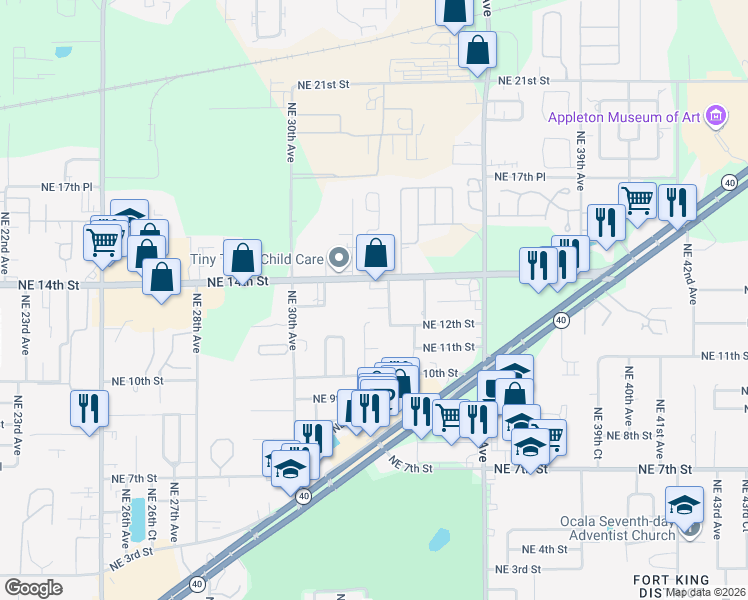 map of restaurants, bars, coffee shops, grocery stores, and more near 3316 Northeast 14th Street in Ocala