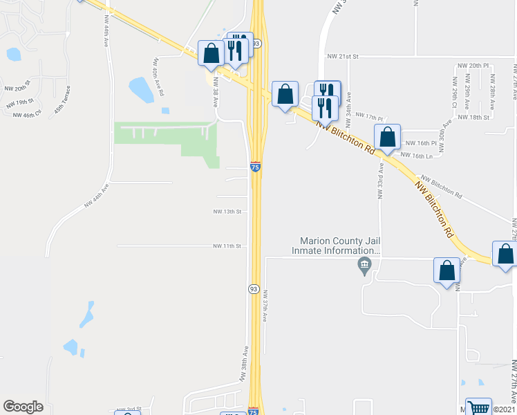 map of restaurants, bars, coffee shops, grocery stores, and more near Interstate 75 in Ocala