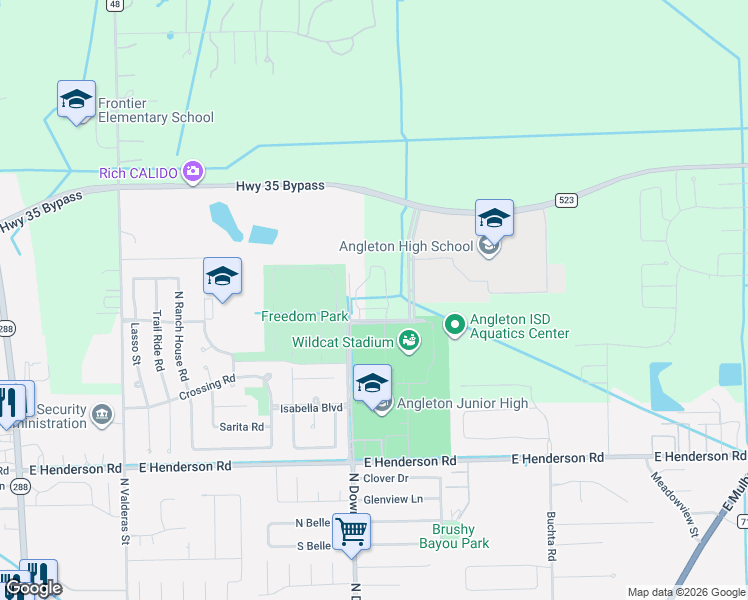 map of restaurants, bars, coffee shops, grocery stores, and more near 4 Stadium Drive in Angleton