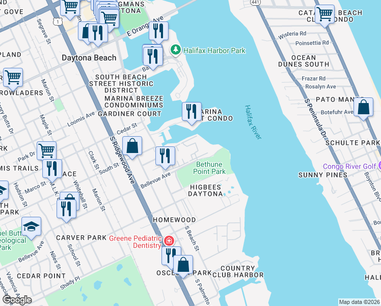 map of restaurants, bars, coffee shops, grocery stores, and more near 715 South Beach Street in Daytona Beach