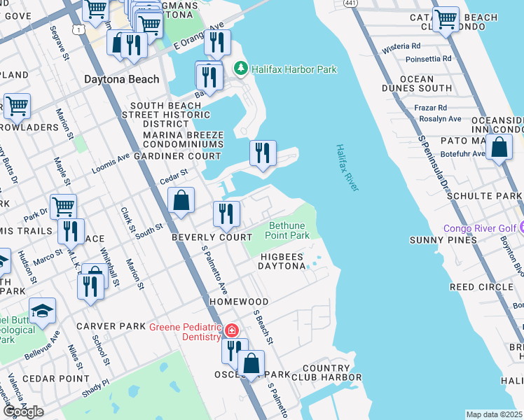 map of restaurants, bars, coffee shops, grocery stores, and more near 715 South Beach Street in Daytona Beach