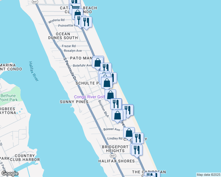 map of restaurants, bars, coffee shops, grocery stores, and more near 2043 South Atlantic Avenue in Daytona Beach Shores