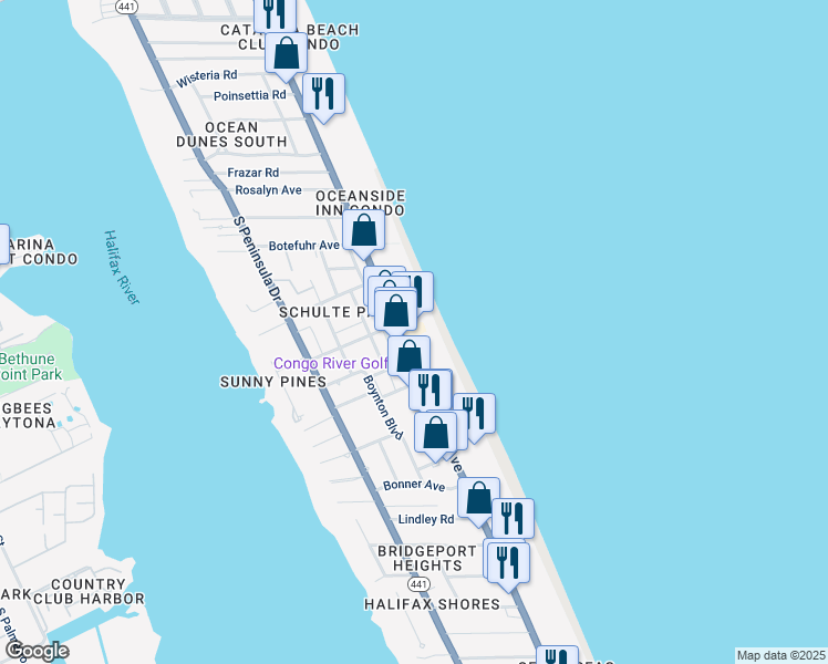 map of restaurants, bars, coffee shops, grocery stores, and more near 2043 South Atlantic Avenue in Daytona Beach Shores