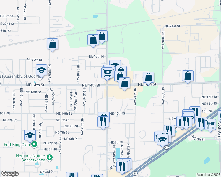 map of restaurants, bars, coffee shops, grocery stores, and more near 1399 Northeast 25th Avenue in Ocala