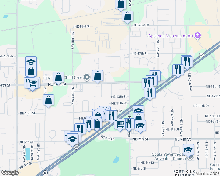 map of restaurants, bars, coffee shops, grocery stores, and more near 3408 Northeast 14th Street in Ocala