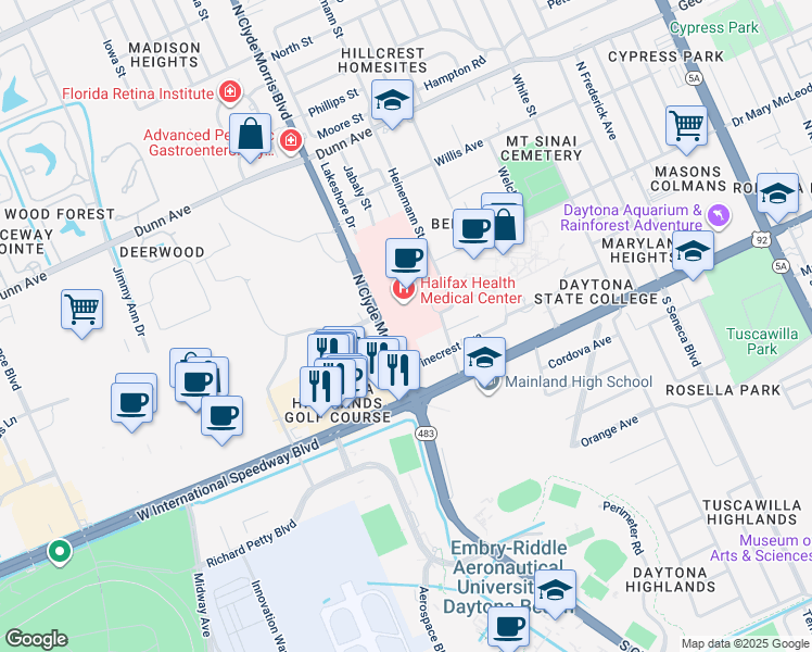 map of restaurants, bars, coffee shops, grocery stores, and more near 303 North Clyde Morris Boulevard in Daytona Beach