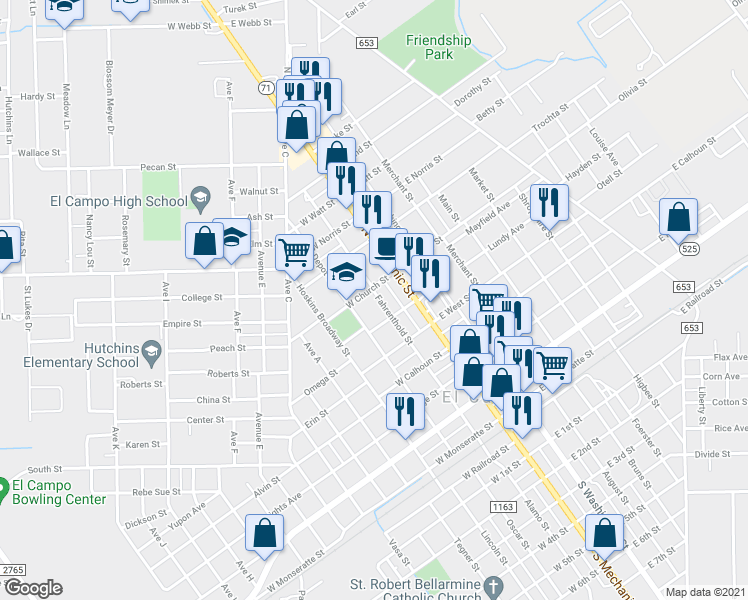 map of restaurants, bars, coffee shops, grocery stores, and more near 613 Fahrenthold Street in El Campo