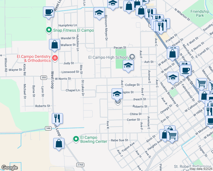 map of restaurants, bars, coffee shops, grocery stores, and more near 1004 College St in El Campo