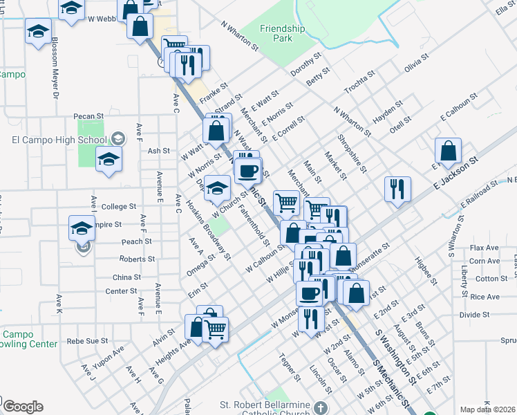 map of restaurants, bars, coffee shops, grocery stores, and more near 603 North Mechanic Street in El Campo