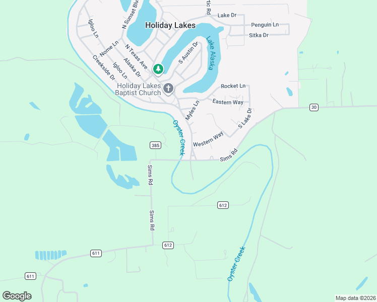 map of restaurants, bars, coffee shops, grocery stores, and more near 108 Creekside Drive in Holiday Lakes