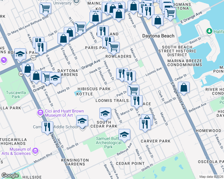 map of restaurants, bars, coffee shops, grocery stores, and more near 710 Loomis Avenue in Daytona Beach