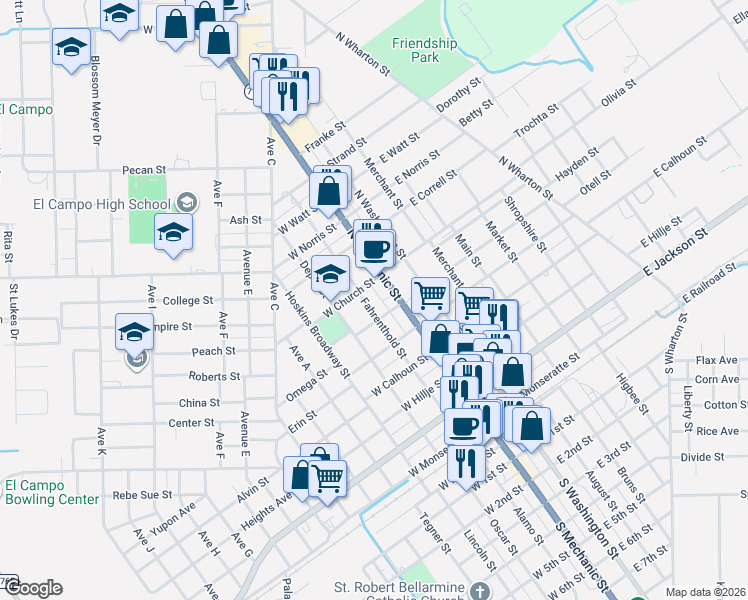 map of restaurants, bars, coffee shops, grocery stores, and more near 613 Fahrenthold Street in El Campo