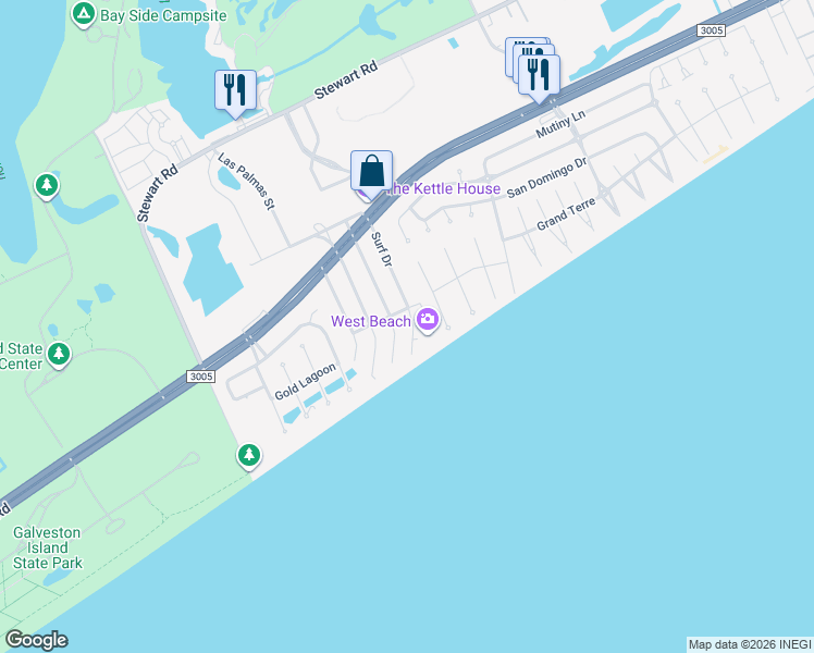 map of restaurants, bars, coffee shops, grocery stores, and more near 4210 Surf Drive in Galveston