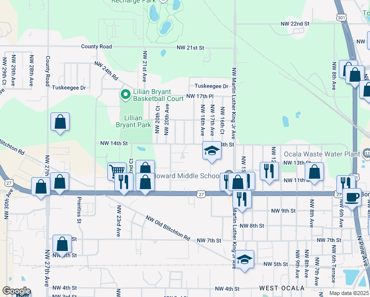 map of restaurants, bars, coffee shops, grocery stores, and more near 1824 Northwest 14th Street in Ocala