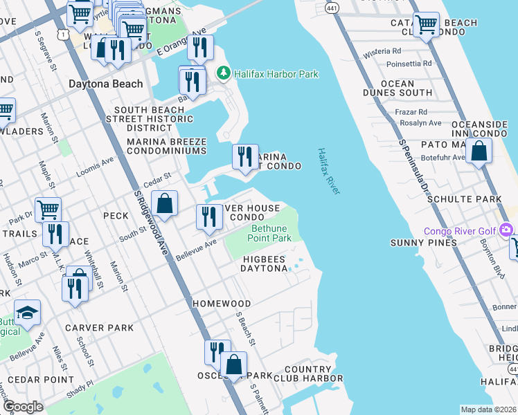 map of restaurants, bars, coffee shops, grocery stores, and more near 715 South Beach Street in Daytona Beach
