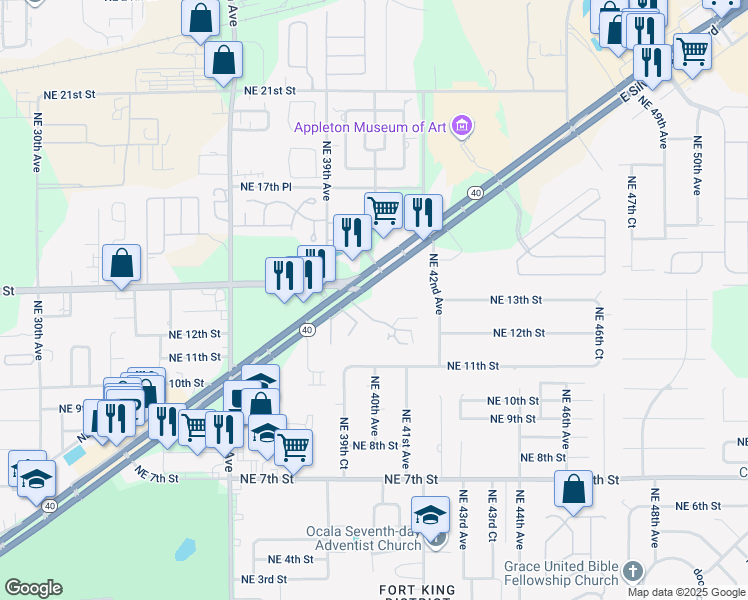 map of restaurants, bars, coffee shops, grocery stores, and more near 4100 East Silver Springs Boulevard in Ocala