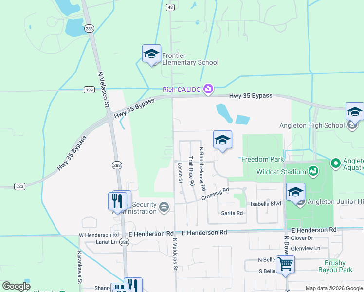map of restaurants, bars, coffee shops, grocery stores, and more near 328 Lasso Street in Angleton