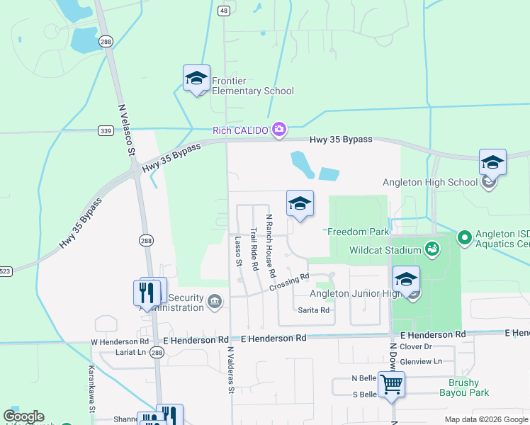 map of restaurants, bars, coffee shops, grocery stores, and more near 329 North Ranch House Road in Angleton