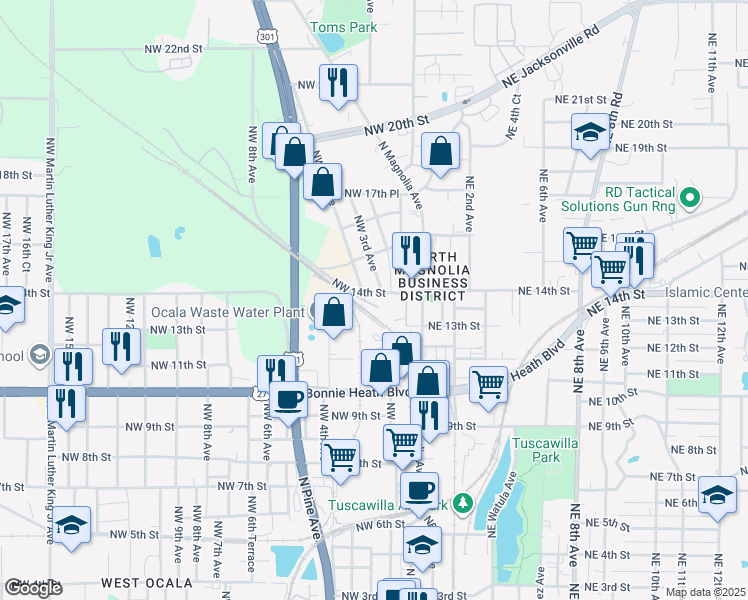 map of restaurants, bars, coffee shops, grocery stores, and more near 314 Northwest 14th Street in Ocala