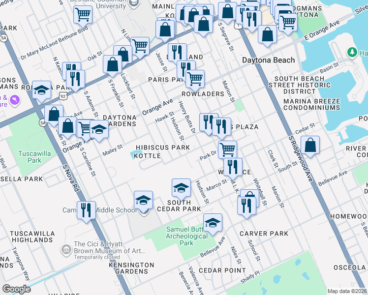 map of restaurants, bars, coffee shops, grocery stores, and more near 436 Hudson Street in Daytona Beach