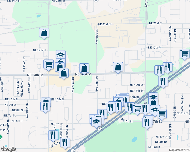 map of restaurants, bars, coffee shops, grocery stores, and more near 2968 Northeast 14th Street in Ocala