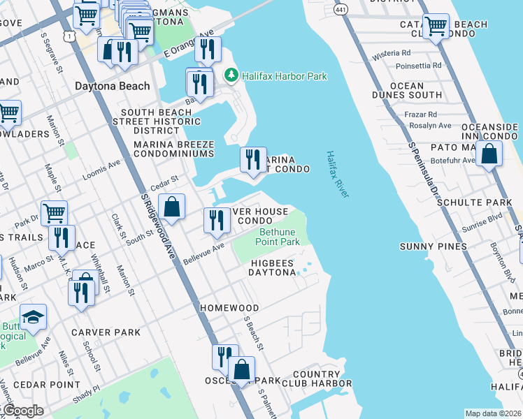 map of restaurants, bars, coffee shops, grocery stores, and more near 715 South Beach Street in Daytona Beach