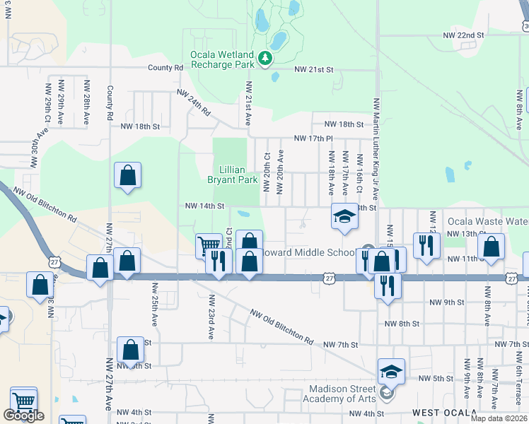 map of restaurants, bars, coffee shops, grocery stores, and more near 2030 Northwest 14th Street in Ocala