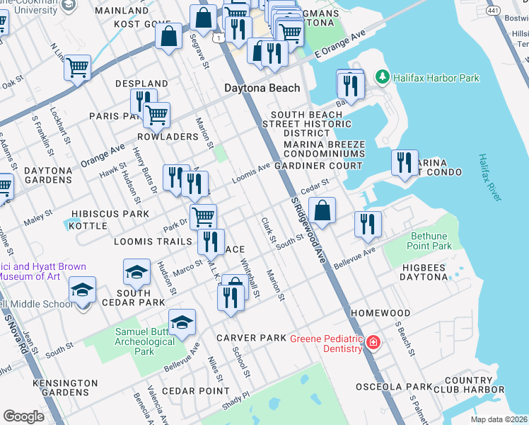 map of restaurants, bars, coffee shops, grocery stores, and more near 411 Cedar Street in Daytona Beach