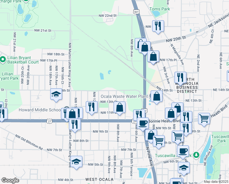 map of restaurants, bars, coffee shops, grocery stores, and more near 806 Northwest 14th Street in Ocala