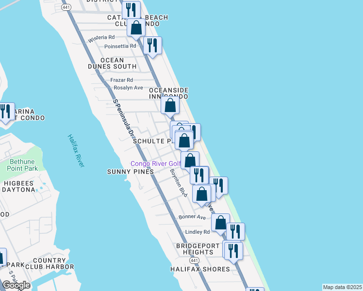 map of restaurants, bars, coffee shops, grocery stores, and more near 2042 Florida A1A in Daytona Beach Shores