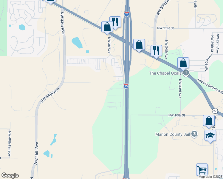 map of restaurants, bars, coffee shops, grocery stores, and more near 1368 Northwest 38th Avenue in Ocala