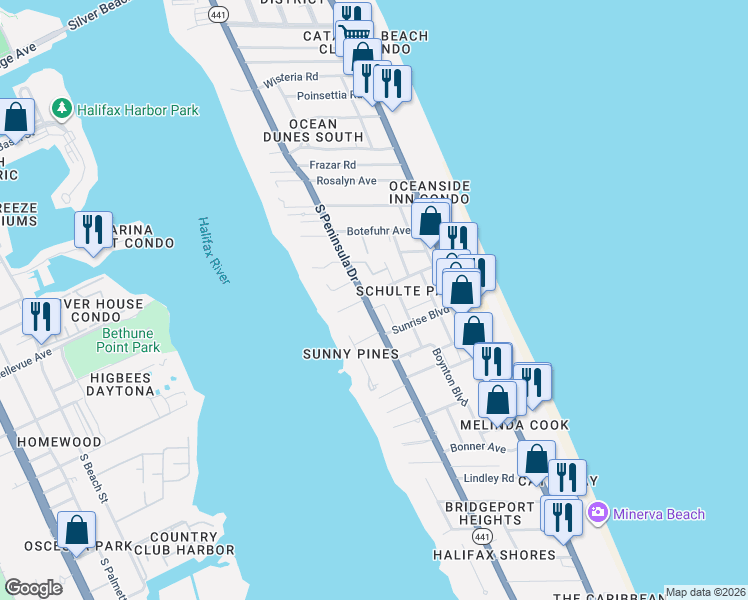 map of restaurants, bars, coffee shops, grocery stores, and more near 108 Park Avenue in Daytona Beach