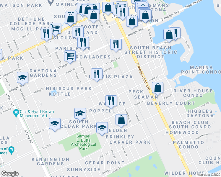 map of restaurants, bars, coffee shops, grocery stores, and more near 540 George Street in Daytona Beach