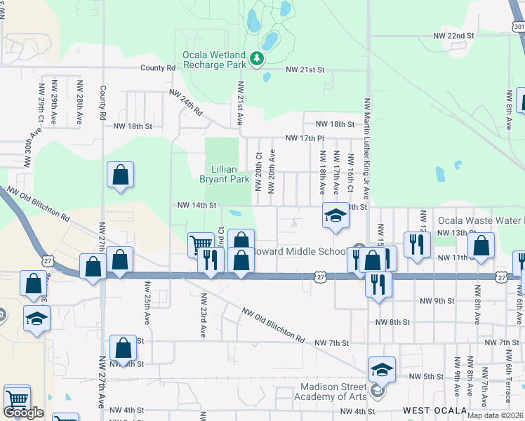 map of restaurants, bars, coffee shops, grocery stores, and more near 2030 Northwest 14th Street in Ocala