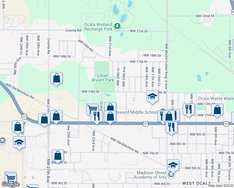 map of restaurants, bars, coffee shops, grocery stores, and more near 2030 Northwest 14th Street in Ocala