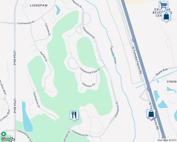 map of restaurants, bars, coffee shops, grocery stores, and more near 120 Centennial Park Drive in Daytona Beach
