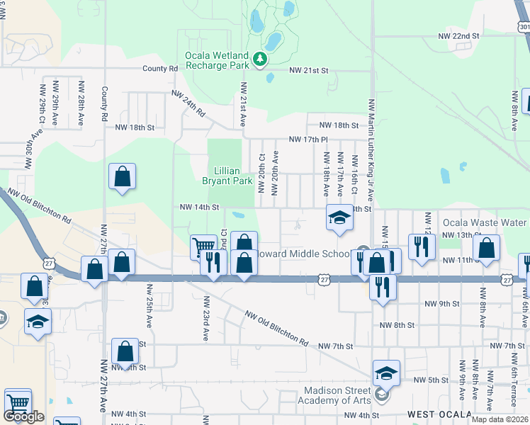 map of restaurants, bars, coffee shops, grocery stores, and more near 2030 Northwest 14th Street in Ocala