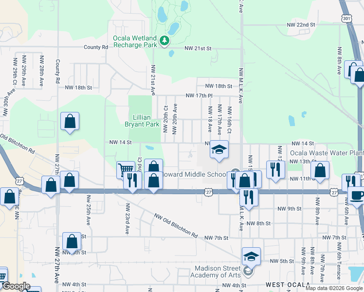 map of restaurants, bars, coffee shops, grocery stores, and more near 2000 Northwest 14th Street in Ocala