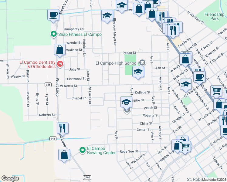 map of restaurants, bars, coffee shops, grocery stores, and more near 1004 College Street in El Campo