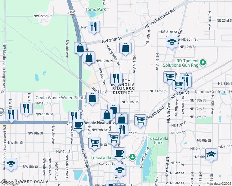 map of restaurants, bars, coffee shops, grocery stores, and more near 1337 North Magnolia Avenue in Ocala