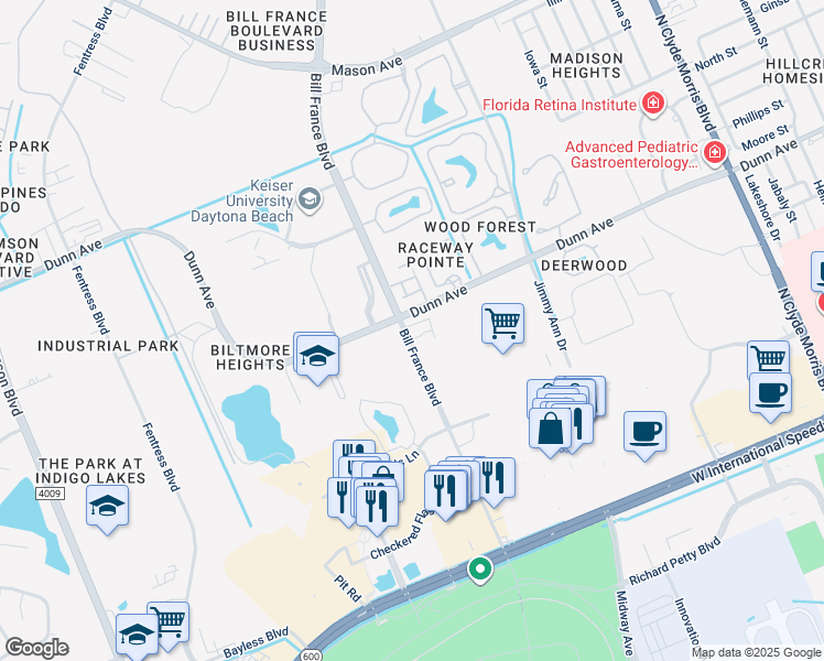 map of restaurants, bars, coffee shops, grocery stores, and more near 59 Bill France Boulevard in Daytona Beach