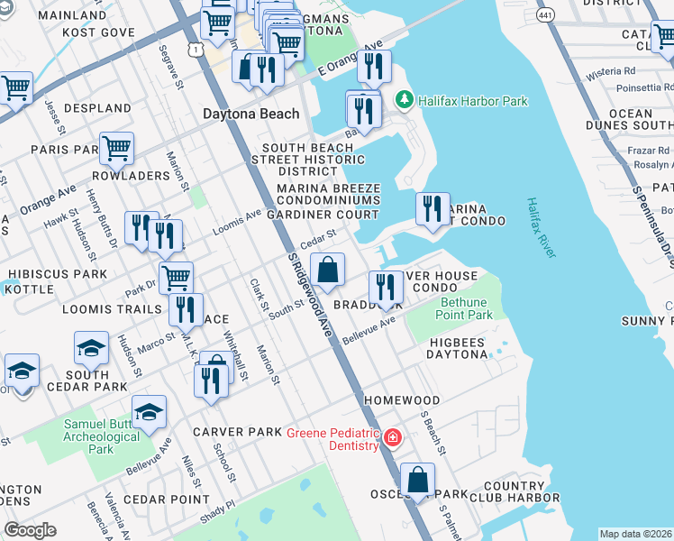 map of restaurants, bars, coffee shops, grocery stores, and more near 633 South Palmetto Avenue in Daytona Beach