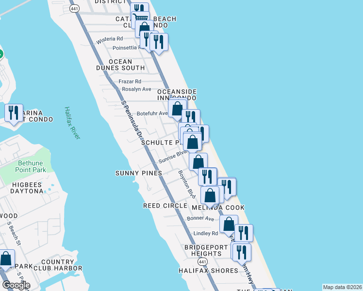 map of restaurants, bars, coffee shops, grocery stores, and more near 2042 Florida A1A in Daytona Beach Shores