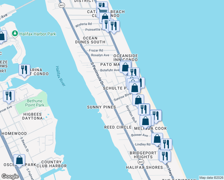 map of restaurants, bars, coffee shops, grocery stores, and more near 108 Park Avenue in Daytona Beach