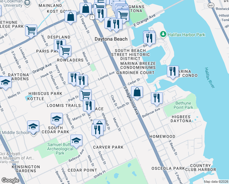 map of restaurants, bars, coffee shops, grocery stores, and more near 411 Cedar Street in Daytona Beach