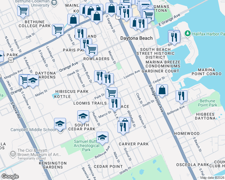 map of restaurants, bars, coffee shops, grocery stores, and more near 540 George Street in Daytona Beach